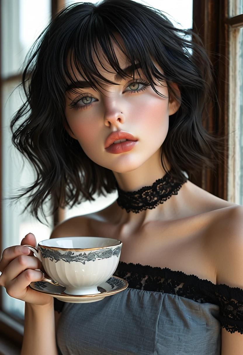 Ophelia Crowe holding an antique teacup by a window