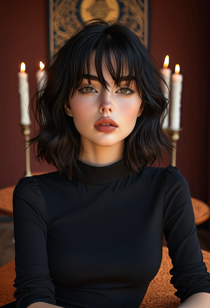 Ophelia Crowe seated between lit black candles in a deep red room