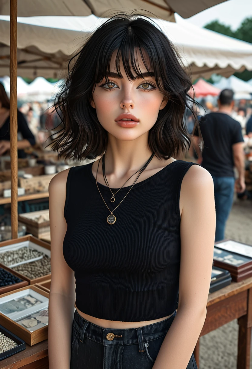Ophelia at an antique market wearing a locket