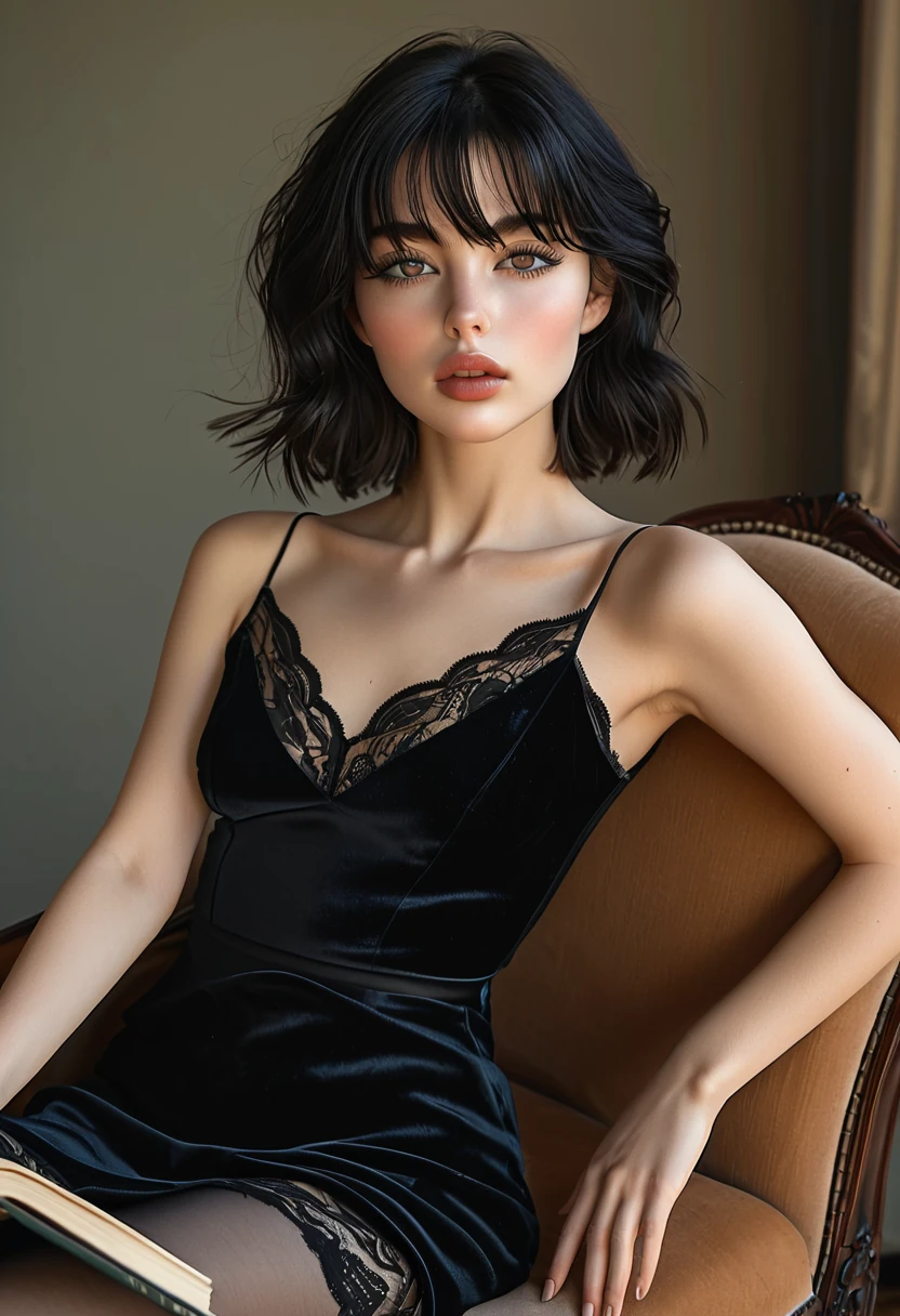 Ophelia reading in a velvet armchair