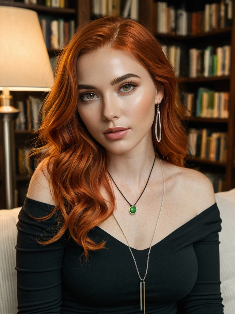 Maeve, a professor with red hair, in a library