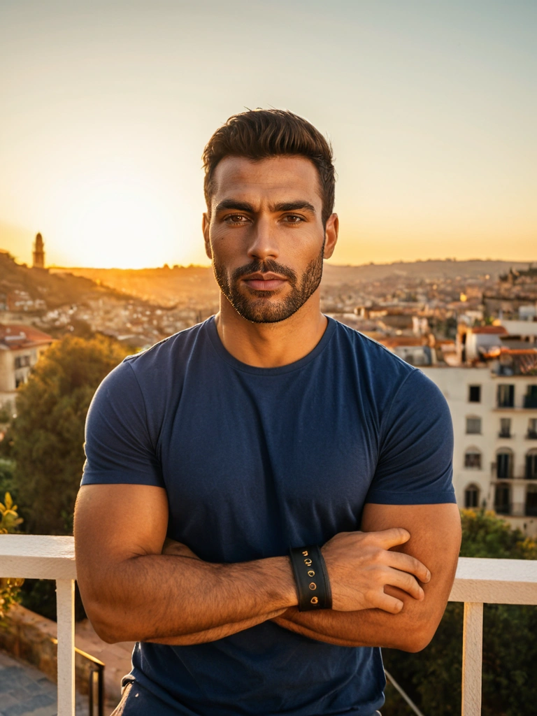 Marco, a firefighter in a blue t-shirt at sunset